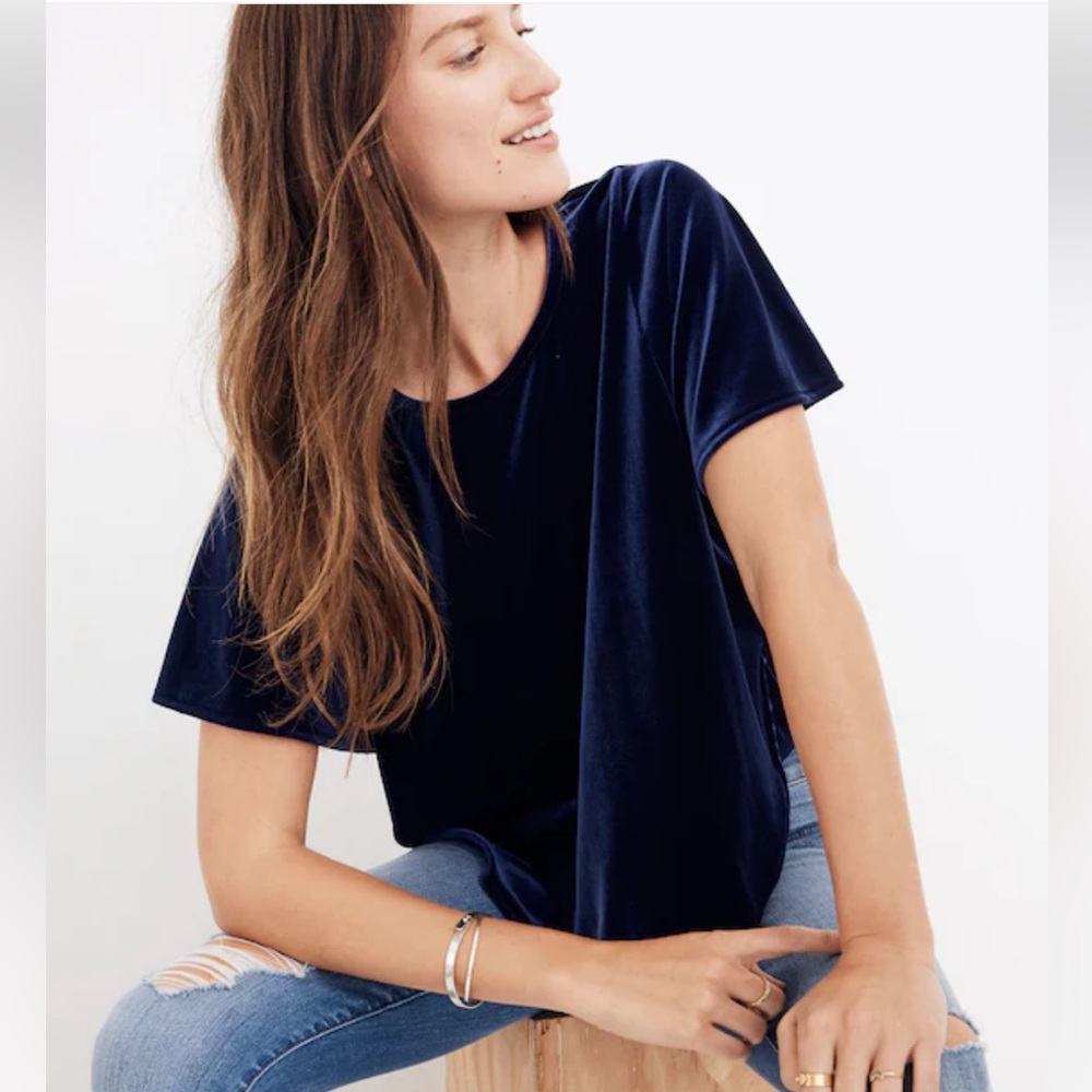 Madewell Velvet Short-Sleeve Top in Navy Blue